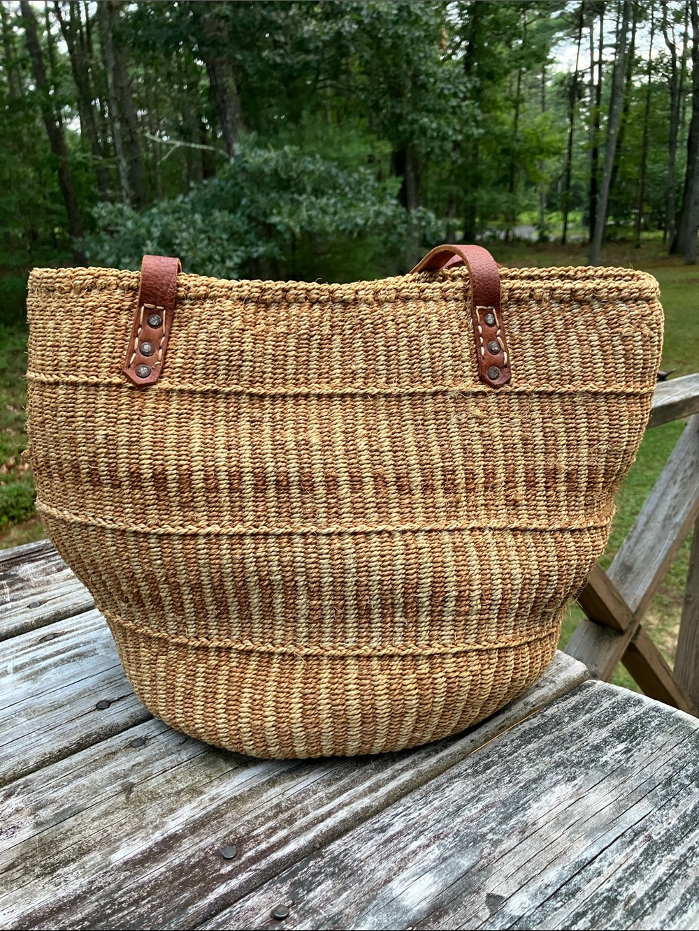Vintage French Market Bag Sisal Straw Tote Leather Straps - Picture 4 of 13